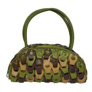 Olive Green, and Tan Satchel bag with Braided handles Faux leather Unique NWOT
